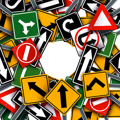 Path way and pathway business direction or life journey confusion as a group of traffic signs representing confused strategy or difficult decisions in a 3D illustration style.