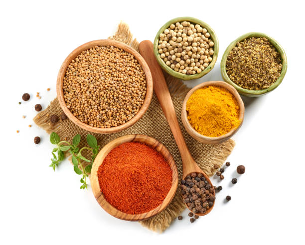 various spices on white background various spices isolated on white background, top view condiment stock pictures, royalty-free photos & images