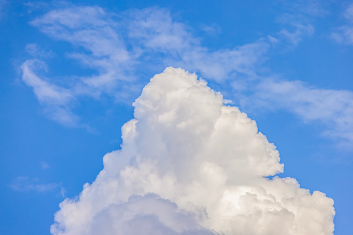 Beautiful blue sky with with fluffy white cloud, background with copy space, full frame horizontal composition