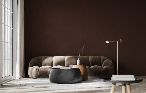 istock Modern interior with brown sofa and empty brown mock up wall background 1452769897