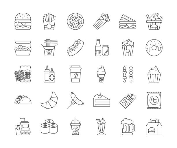 Fast Food Line Icons. Editable Stroke. Fast Food Line Icons. Editable Stroke. Vector illustration. shish kebab stock illustrations