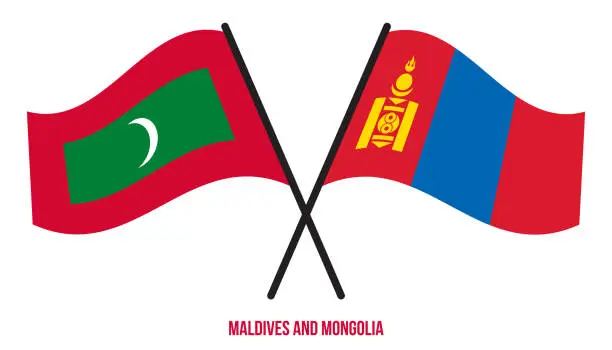 Vector illustration of Maldives and Mongolia Flags Crossed And Waving Flat Style. Official Proportion. Correct Colors.