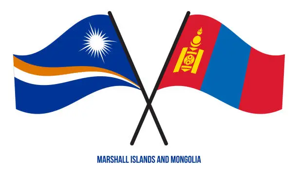 Vector illustration of Marshall Islands and Mongolia Flags Crossed & Waving Flat Style. Official Proportion. Correct Colors