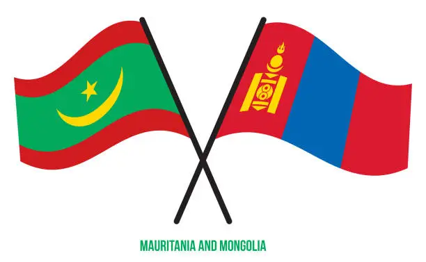 Vector illustration of Mauritania and Mongolia Flags Crossed And Waving Flat Style. Official Proportion. Correct Colors