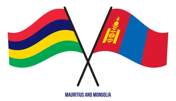 Vector illustration of Mauritius and Mongolia Flags Crossed And Waving Flat Style. Official Proportion. Correct Colors