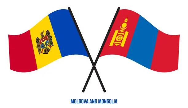 Vector illustration of Moldova and Mongolia Flags Crossed And Waving Flat Style. Official Proportion. Correct Colors