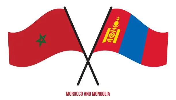 Vector illustration of Morocco and Mongolia Flags Crossed And Waving Flat Style. Official Proportion. Correct Colors