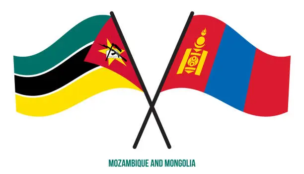 Vector illustration of Mozambique and Mongolia Flags Crossed And Waving Flat Style. Official Proportion. Correct Colors