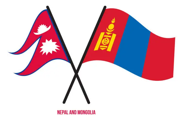 Vector illustration of Nepal and Mongolia Flags Crossed And Waving Flat Style. Official Proportion. Correct Colors