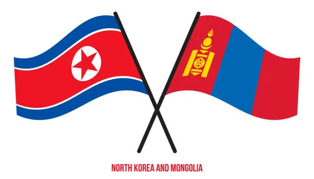 Vector illustration of North Korea and Mongolia Flags Crossed And Waving Flat Style. Official Proportion. Correct Colors.