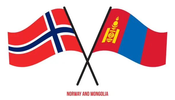 Vector illustration of Norway and Mongolia Flags Crossed And Waving Flat Style. Official Proportion. Correct Colors.