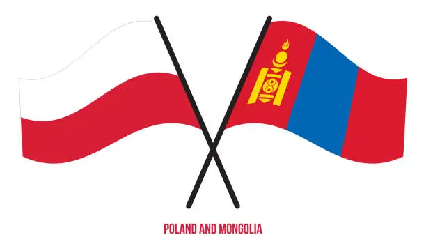 Vector illustration of Poland and Mongolia Flags Crossed And Waving Flat Style. Official Proportion. Correct Colors.