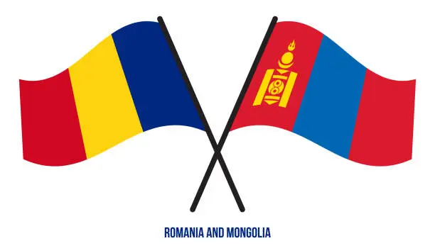 Vector illustration of Romania and Mongolia Flags Crossed And Waving Flat Style. Official Proportion. Correct Colors.