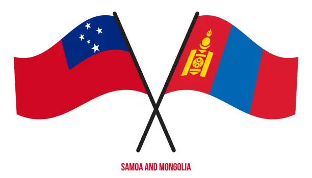 Vector illustration of Samoa and Mongolia Flags Crossed And Waving Flat Style. Official Proportion. Correct Colors