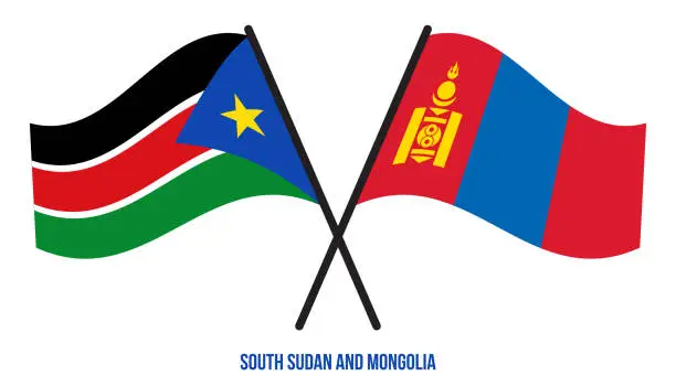 Vector illustration of South Sudan and Mongolia Flags Crossed And Waving Flat Style. Official Proportion. Correct Colors