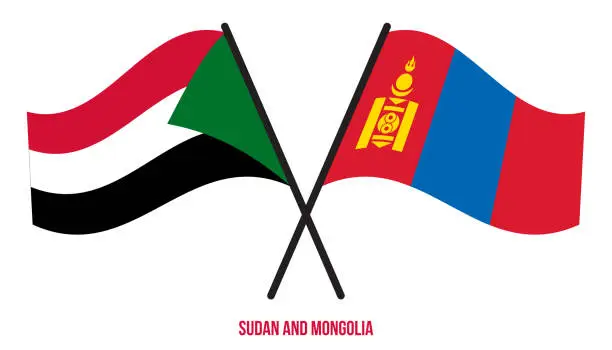 Vector illustration of Sudan and Mongolia Flags Crossed And Waving Flat Style. Official Proportion. Correct Colors.