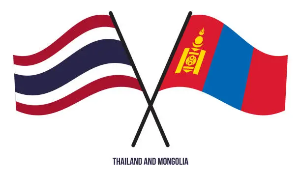 Vector illustration of Thailand and Mongolia Flags Crossed And Waving Flat Style. Official Proportion. Correct Colors.
