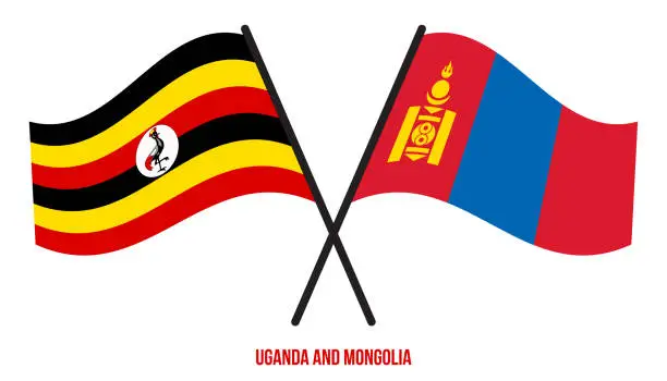 Vector illustration of Uganda and Mongolia Flags Crossed And Waving Flat Style. Official Proportion. Correct Colors.