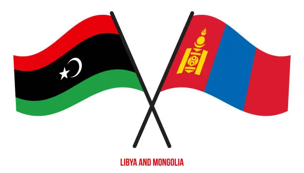 Vector illustration of Libya and Mongolia Flags Crossed And Waving Flat Style. Official Proportion. Correct Colors
