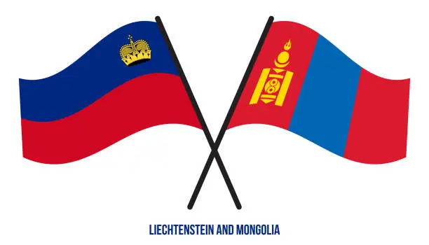 Vector illustration of Liechtenstein and Mongolia Flags Crossed And Waving Flat Style. Official Proportion. Correct Colors