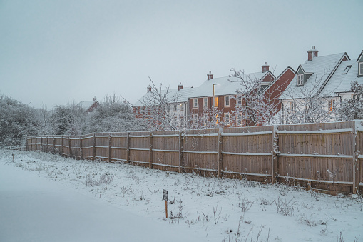 Typical English suburb under winter snow