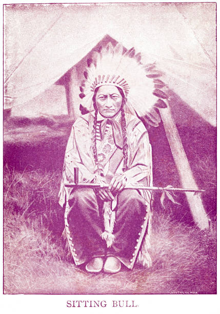 ilustraciones, imágenes clip art, dibujos animados e iconos de stock de impresión de medio tono de toro sentado, jefe hunkpapa lakota en malva - chief sitting bull