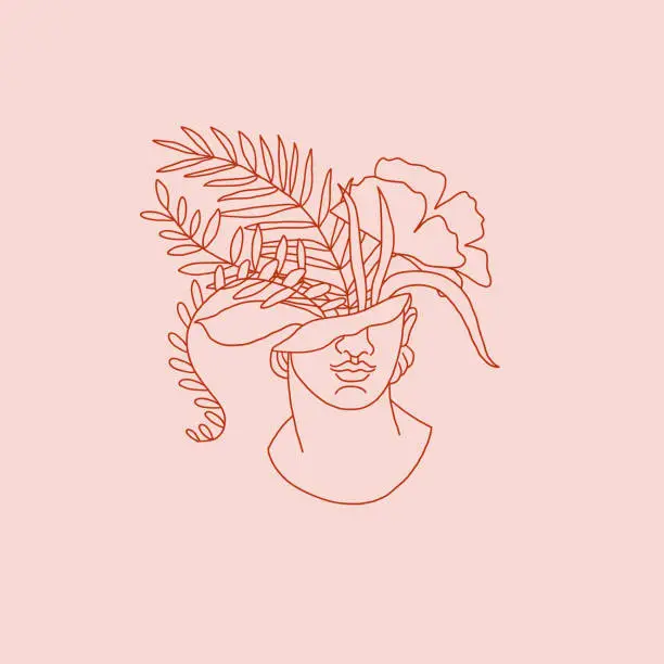 Vector illustration of Male statue Head of Plants Line Art Drawing. Flower Head Line Drawing Minimalist Illustration. Female Line Art, Wall Art Sketch Woman, Illustration. Cosmetics Logo. Vector illustration