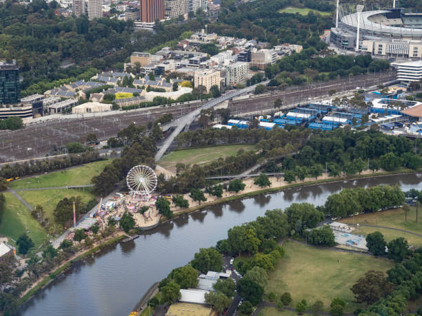 istock High angle view of river and city 1452779422