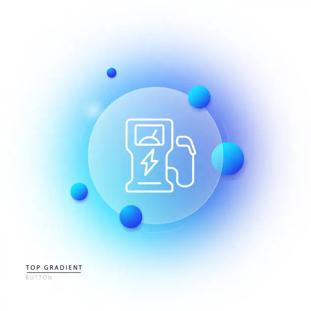 Vector illustration of Filling station line icon. Fuel, petrol, gas station, gasoline, water, electricity, eco, electric car, green, energy, charge, drop, liquid, parking sign, lightning. Technology concept. Glassmorphism