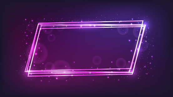 Neon frame with shining effects and sparkles on dark background. Empty glowing techno backdrop. Vector illustration