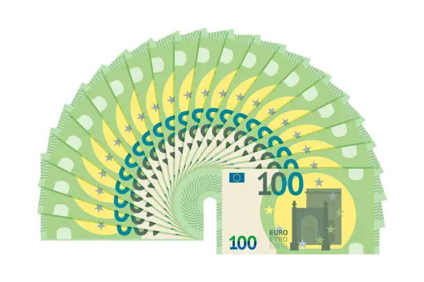 Vector illustration of Fan of Euro cash money, paper stack of European banknotes of 100 Euros, currency