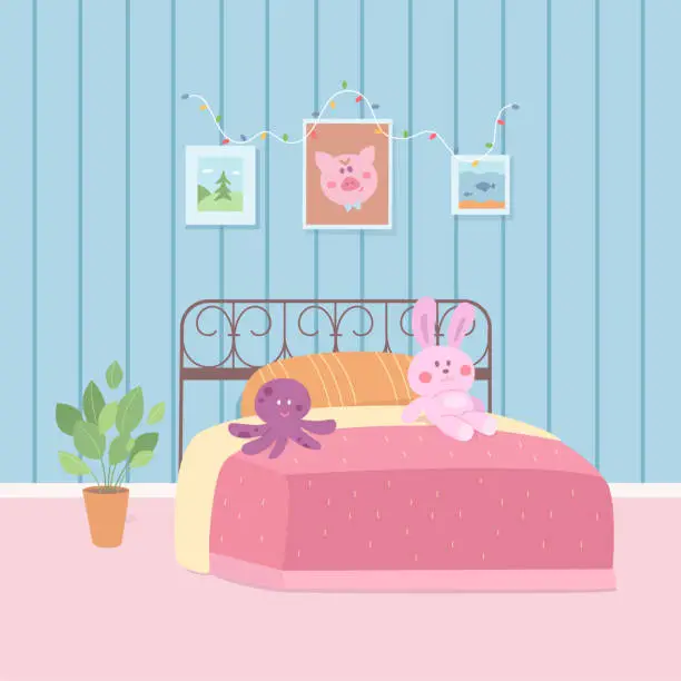 Vector illustration of Tidy girls bedroom, room with cute furniture, floor and decor after daily cleaning