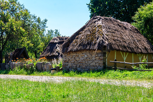 Kiev, Ukraine - June 28, 2020: Ancient traditional ukrainian rural house in Pyrohiv (Pirogovo) village near Kiev, Ukraine