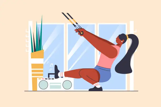 Vector illustration of TRX training concept with people scene in flat design. Woman making fitness strength training workout and doing total resistance exercise at gym. Vector illustration with character situation for web