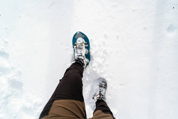 istock Looking down at legs walking in snow with snow shoes 1452794613
