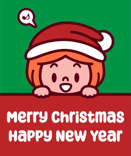 Vector illustration of A cute child wearing a Santa hat holds a sign and wishes you a Merry Christmas and a Happy New Year