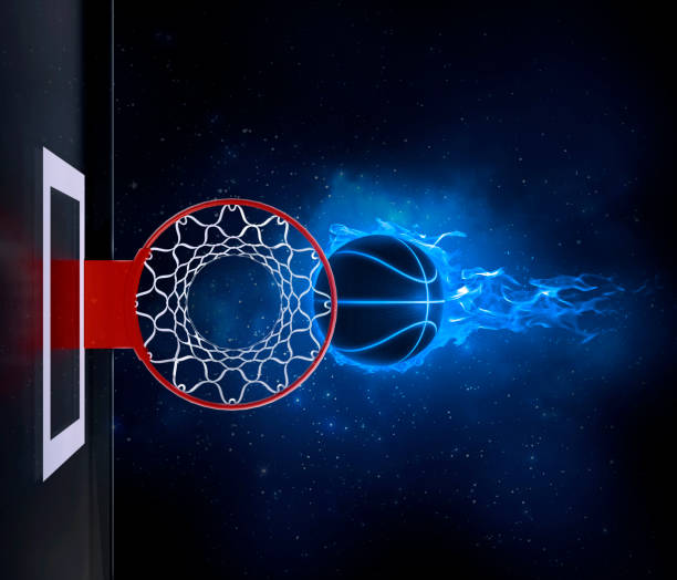 istock Basketball on light blue flame floating on hoop located in planet view from space 3d render 1452801480