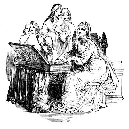 Prudence plays a stringed instrument while Piety, Mercy, Christina and her children listen. Woodcut Engraving by William Harvey for Pilgrim’s Progress by John Bunyan (William L. Allison Co. Publishers: NY) published in 1856. The first edition  is in my private collection. Copyright is in public domain.