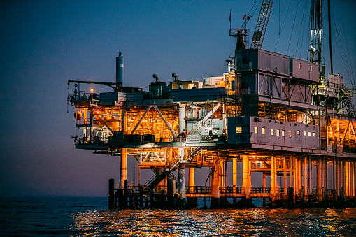 Offshore Oil Drilling Rig at Dusk near Huntington Beach