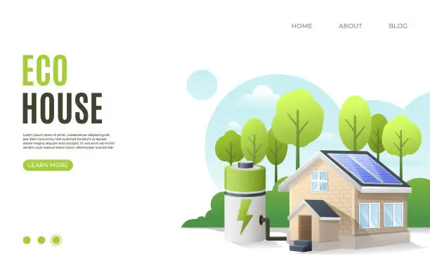 Vector illustration of Modern eco house, solar energy panels. Smart home and save energy sustainable concept. Web banner, landing page. Vector Illustration