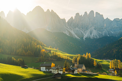 View of Val di Funes countryside  in Dolomites in autumn