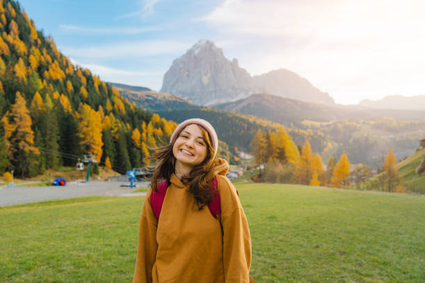 istock Woman hiking  in Dolomites  in autumn 1452807748