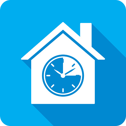 Vector illustration of a house with clock indicating fifteen minutes icon against a blue background in flat style.