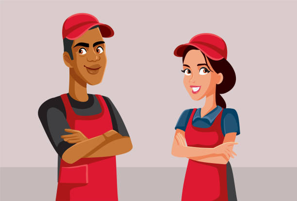 ilustrações, clipart, desenhos animados e ícones de trabalhadores de varejo alegres cumprimentando os clientes com um desenho animado vetorial de sorriso - supermarket fast food fast food restaurant people