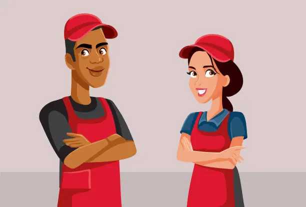 Vector illustration of Cheerful Retail Workers Greeting Customers with a Smile Vector Cartoon