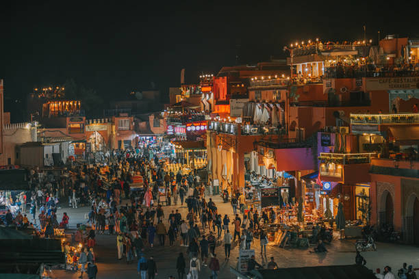 High angle view Djemma El Fna Marrakech, Morocco by Night
