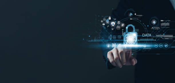 istock Businessman using fingerprints to access business information, biometric identification and cybersecurity network, digital cybercrime anti-crime technology innovation, data protection privacy concept. 1452815952