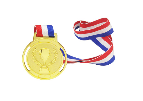 Gold medal with multicolored ribbon isolated on white background.