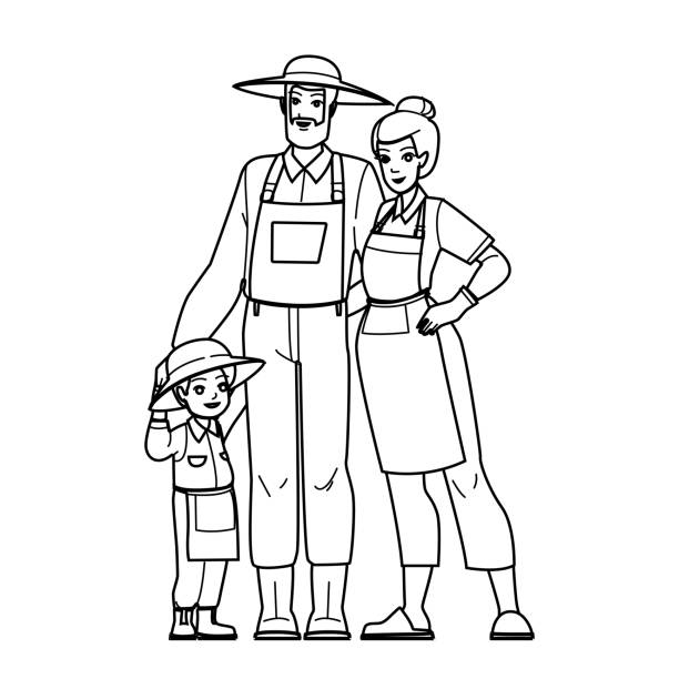 family farmer vector family farmer line pencil drawing vector. agriculture man, farm organic, farming person, field father, son sunset, plant nature, rural family farmer character. people Illustration farmer son stock illustrations