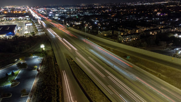 istock Night time drone shot of a busy highway 1452819803